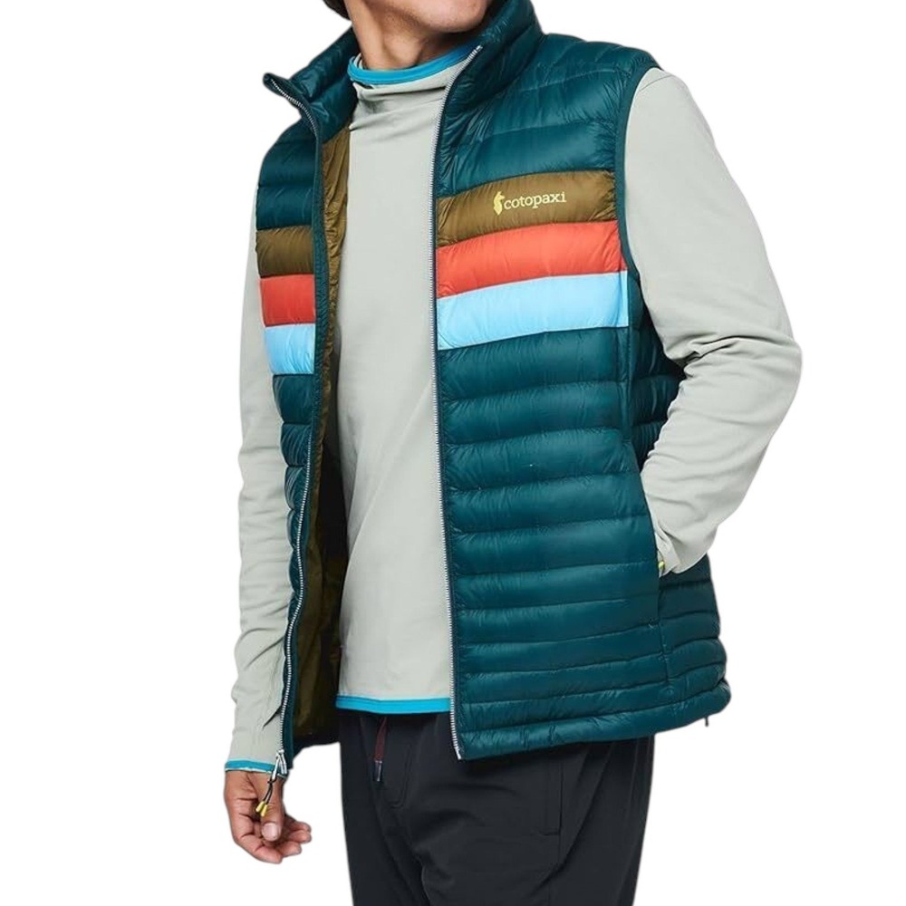 Cotopaxi Fuego Down Vest Mens XL Teal Blue Striped 800 Fill Lightweight Puffer